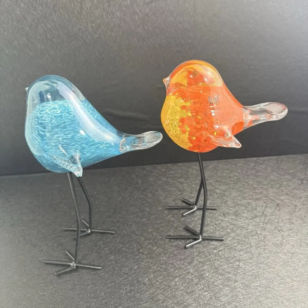BIRDS Style Hand-Blown Glass Birds Figurines Tall Metal Legs (set/2 birds) - Picture 2 of 16
